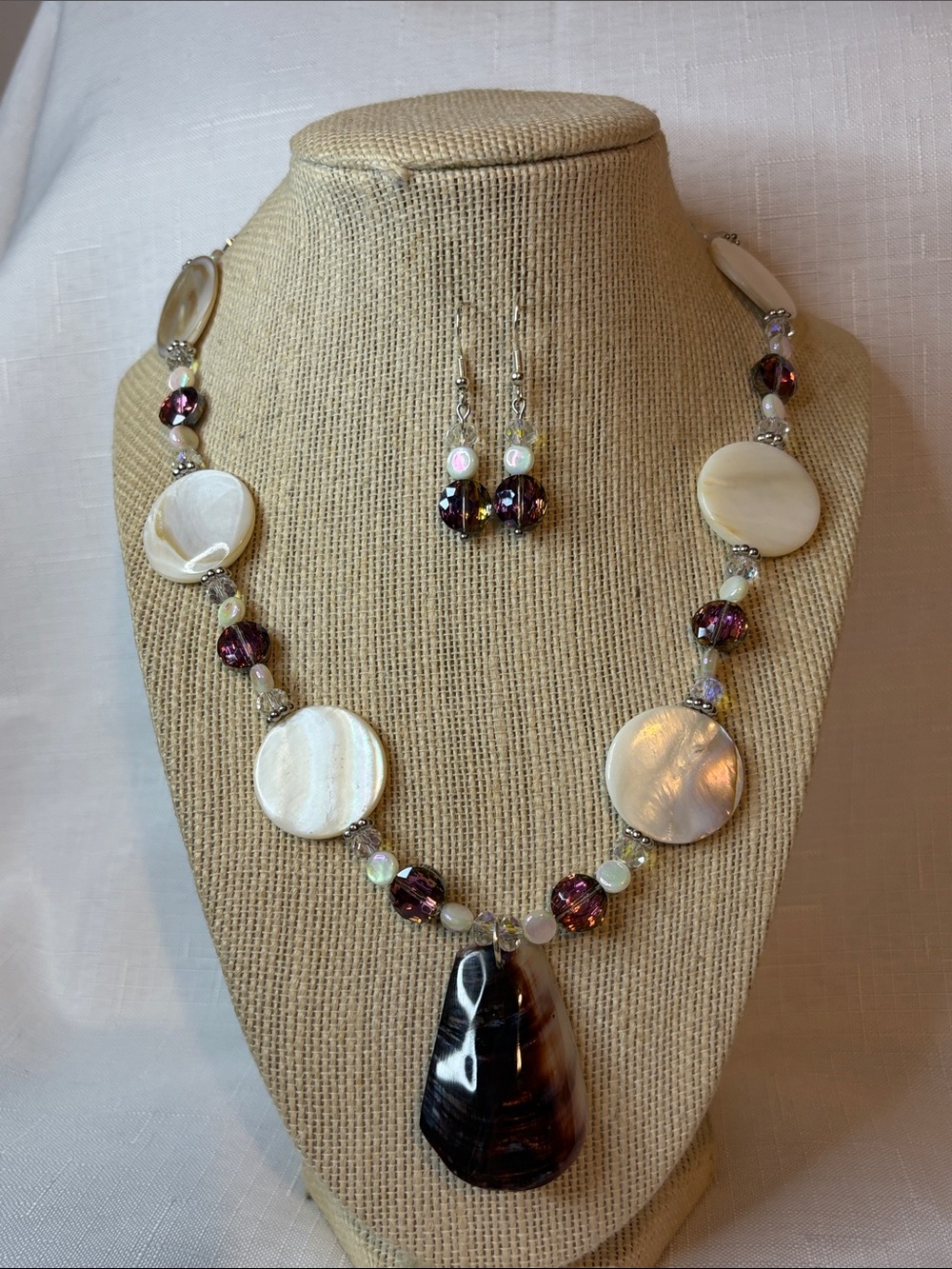 Handcrafted Plum/Cream Shell and Crystal Necklace and Earring Set